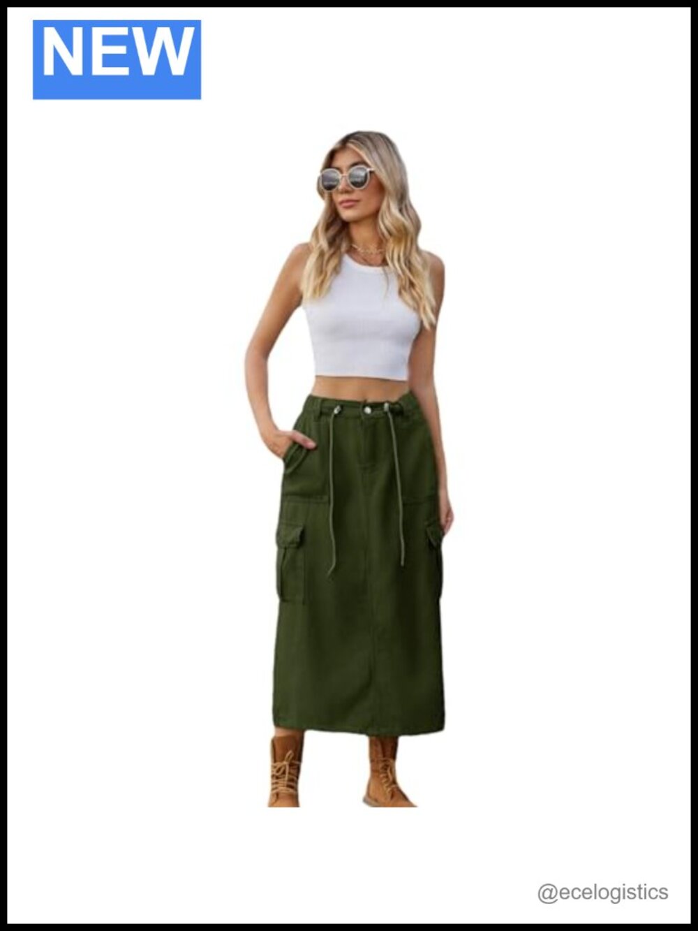 High Waist Denim Cargo Skirt with Pockets, Back Split, A-Line, Summer